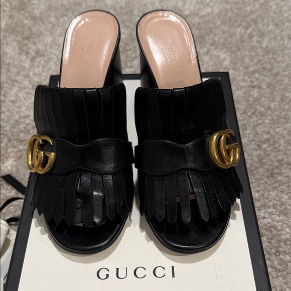 Gucci Black Leather GG Fringe Mules with Gold Accent 36.5/ US 6.5 - Picture 2 of 12